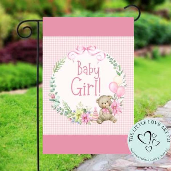 Pink Baby Girl Wreath Garden Flag, New Baby Announcement Yard Flag, Baby Girl Sublimation Design, Teddy Bear Wreath,Instant Digital Download