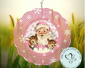 Vintage Pink Santa & Reindeer Wind Spinner Diseño de sublimación, Jolly Santa Spinner Design, PNG, Decoración de patio de vacaciones, Descarga digital instantánea