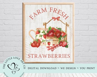 Diseño de fresas frescas de granja de 8 x 10, decoración veraniega para el hogar estilo granja, lámina de fresas para imprimir, arte para la pared de la cocina, DESCARGA DIGITAL INSTANTÁNEA