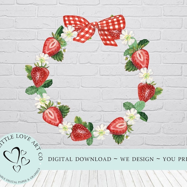 Strawberry Summer Wreath PNG, Strawberry Sublimation Design, Summer Strawberries PNG, Floral Wreath, Instant Digital Download