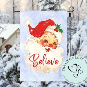 Vintage Red Santa - Believe Christmas Garden Flag, kerstvakantie vlag PNG, vakantie sublimatie ontwerp, instant digitale download