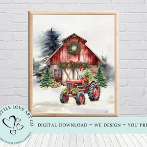 8 x 10 Christmas Red Barn Farm Wall Art Print, Winter Tractor Print, Farmhouse Printable, Holidays Wall Art Print, Instant Digital Download
