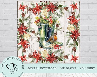 Winter Green Boots & Robin ~ Winter Decor, Robins Appear, Winter Floral Scene Design, Wellie Boots, Printable, Instant Digital Download