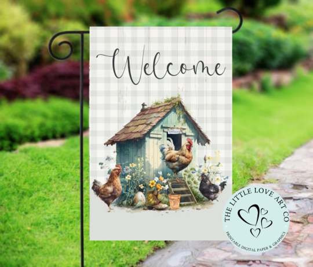 Chicken Coop Garden Flag, Spring Decor Yard Flag, PNG, Chickens Sublimation Design