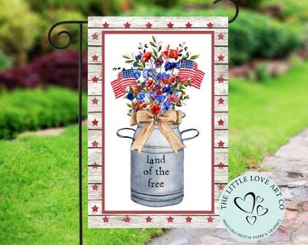 Bandiera da giardino per il 4 luglio, design a sublimazione, zangola floreale, bandiera patriottica, decorazione da giardino per il giorno dell'indipendenza, bandiera da veranda degli Stati Uniti, DOWNLOAD DIGITALE