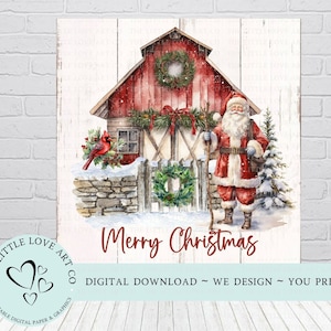 Weihnachtsscheune PNG, Weihnachtsmann und Kardinal, Bauernhaus Weihnachten Clipart, Weihnachtsdekoration, bedruckbar, Sublimationsdesign, Sofortiger digitaler Download