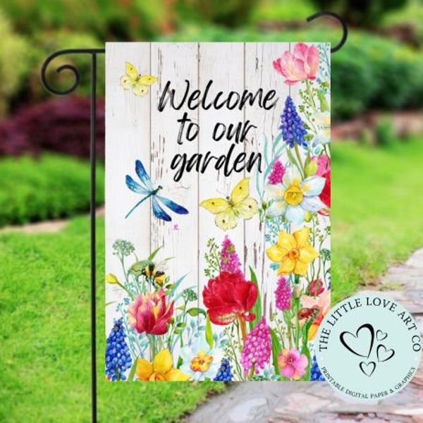 Welcome Floral Garden Flag Sublimation Design, PNG, Spring Summer Yard Flag, Porch Flag, Bee Butterfly Flowers, Instant Digital Download