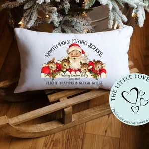 Housse de coussin lombaire Noël renne père Noël vintage Design PNG, école de pilotage du pôle Nord, père Noël rouge, 17 x 10 pouces, téléchargement numérique