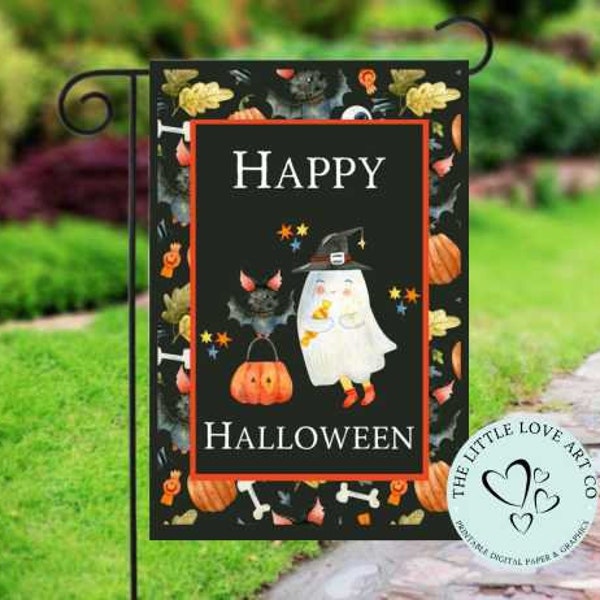 Happy Halloween Garden Flag, Autumn Fall Decor Yard Flag PNG, Ghost Pumpkins Bat Halloween Sublimation Design, Instant Digital Download
