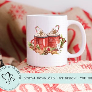 Câlin de Noël chaleureux dans une tasse, conception de chocolat chaud, décoration de ferme de vacances à la campagne, imprimable, papier de découpage pour scrapbooking, téléchargement numérique