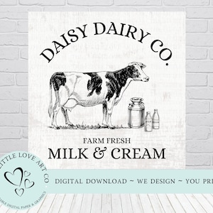 Conception de ferme lait frais & crème ~ décoration de ferme, enseigne vache laitière, conception de plaque, PNG imprimable, découpage, TÉLÉCHARGEMENT NUMÉRIQUE
