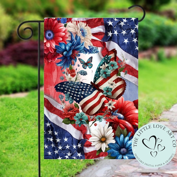 4th of July Butterfly Garden Flag Sublimation Design, Patriotic Flag, Independence Day Yard Decor, USA Porch Flag, DIGITAL DOWNLOAD