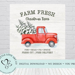 Świeże choinki z farmy PNG, projekt czerwonej ciężarówki w stylu vintage, sublimacja na farmie drzew, świąteczne cliparty, natychmiastowe pobieranie cyfrowe