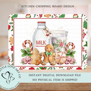 Op de afbeelding: Een wit en rood kerstthema snijplank ontwerp met een peperkoekman, een glas melk, een fles melk, snoepstokken en pepermuntjes. De tekst "MILK" staat op de fles gedrukt. De tekst "INSTANT DIGITAL DOWNLOAD FILE NO PHYSICAL ITEM IS SHIPPED" staat onderaan het ontwerp gedrukt.