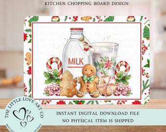 May include: A white and red Christmas-themed chopping board design featuring a gingerbread man, a glass of milk, a bottle of milk, candy canes, and peppermint candies. The text "MILK" is printed on the bottle. The text "INSTANT DIGITAL DOWNLOAD FILE NO PHYSICAL ITEM IS SHIPPED" is printed at the bottom of the design.