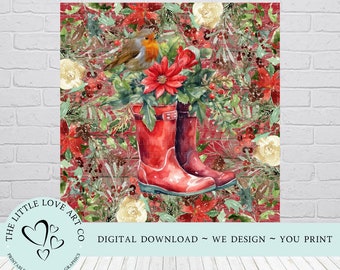 Winter Red Boots & Robin ~ Winter Decor, Robins Appear, Winter Floral Scene Design, Wellie Boots, Printable, Instant Digital Download