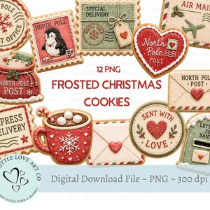May include: A collection of 12 frosted Christmas cookies featuring festive designs including a North Pole postmark, a penguin stamp, a red mug with marshmallows, a heart-shaped cookie, envelopes, and a mailbox with the text 12 PNG FROSTED CHRISTMAS COOKIES.