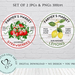 Set of 2 - Farmer&#39;s Market Lemon & Strawberry Wreath Accent Sublimation Design, Farmhouse Sign, Lemon Decor, Heart Wreath, DIGITAL DOWNLOAD