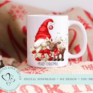 Christmas Boy Gnome and Reindeer Mug Design - Christmas Sublimation Design, Gnomes Mug Transfer, Gonk Mug, PNG, Instant Digital Download