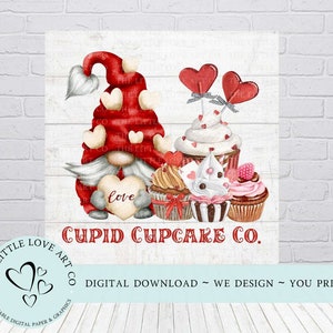 Insegna Cupcake Cupido di San Valentino, Design di dolcetti da forno Gnomo di San Valentino, Insegna con vassoio a più livelli, Insegna in legno rustico, DOWNLOAD DIGITALE IMMEDIATO