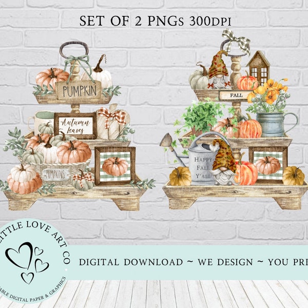 Set of 2 - Autumn Leaves Pumpkin & Happy Fall Y'all Tiered Trays PNG, Fall Sublimation, Towel Design, PNG,  Instant Digital Download