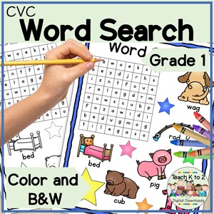 May include: A black and white printable worksheet with a word search puzzle for first grade students. The puzzle features words related to animals and objects, such as "bed", "pig", "cub", "wag", and "rod". The worksheet also includes a colour and black and white option.