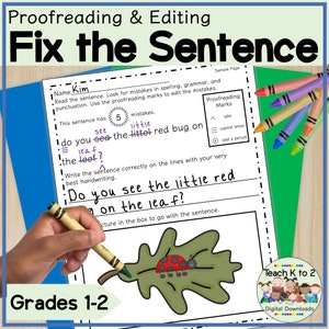 May include: A printable worksheet for children to practise proofreading and editing sentences. The worksheet features a sentence with five mistakes, a ladybug on a leaf, and a section for students to rewrite the sentence correctly. The worksheet is titled "Fix the Sentence" and is designed for years 1-2.