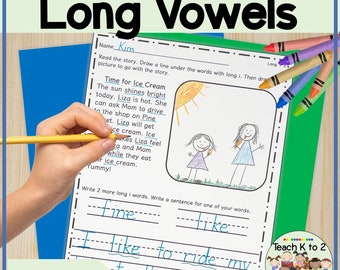 Histoires de voyelles longues pour les leçons de lecture en première ou deuxième année/centres d&#39;alphabétisation/15 feuilles d&#39;exercices avec voyelles longues/idéal pour les parents d&#39;élèves à domicile