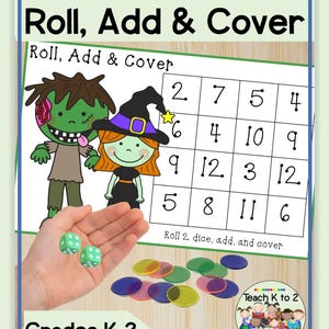 Roll, Add, and Cover Halloween Math Dice Game for Kindergarten, First, or Second Grade Math Centers or Intervention Lessons/Addition to 12
