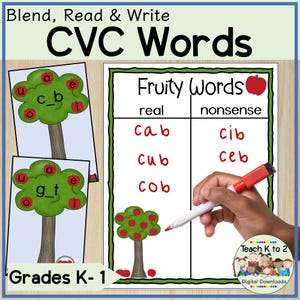 Puede incluir: Una hoja de trabajo imprimible para que los niños aprendan palabras CVC. La hoja de trabajo presenta un manzano verde con manzanas rojas y una tabla con dos columnas etiquetadas como "real" y "sin sentido". Las palabras "cab", "cub" y "cob" están listadas en la columna "real", mientras que las palabras "cib", "ceb" están listadas en la columna "sin sentido".