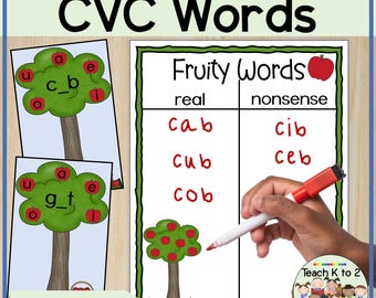 May include: A printable worksheet for kids to learn CVC words. The worksheet features a green apple tree with red apples and a table with two columns labeled "real" and "nonsense". The words "cab", "cub", and "cob" are listed in the "real" column, while the words "cib", "ceb" are listed in the "nonsense" column.