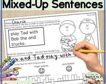Playtime Kids Scrambled Sentences Worksheets | First Grade Word Order | Homeschool Writing Fluency | Instant Download | Literacy Centers