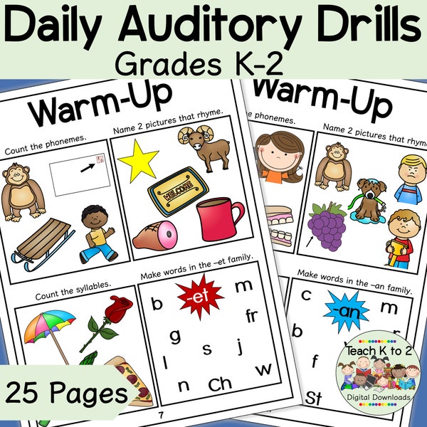 Auditory Warmups/Daily Drills for K-1 Phonological Awareness/Beginning Reading/Rhyme/Syllables/Onset-Rime/Counting Phonemes/Small Group Ins.