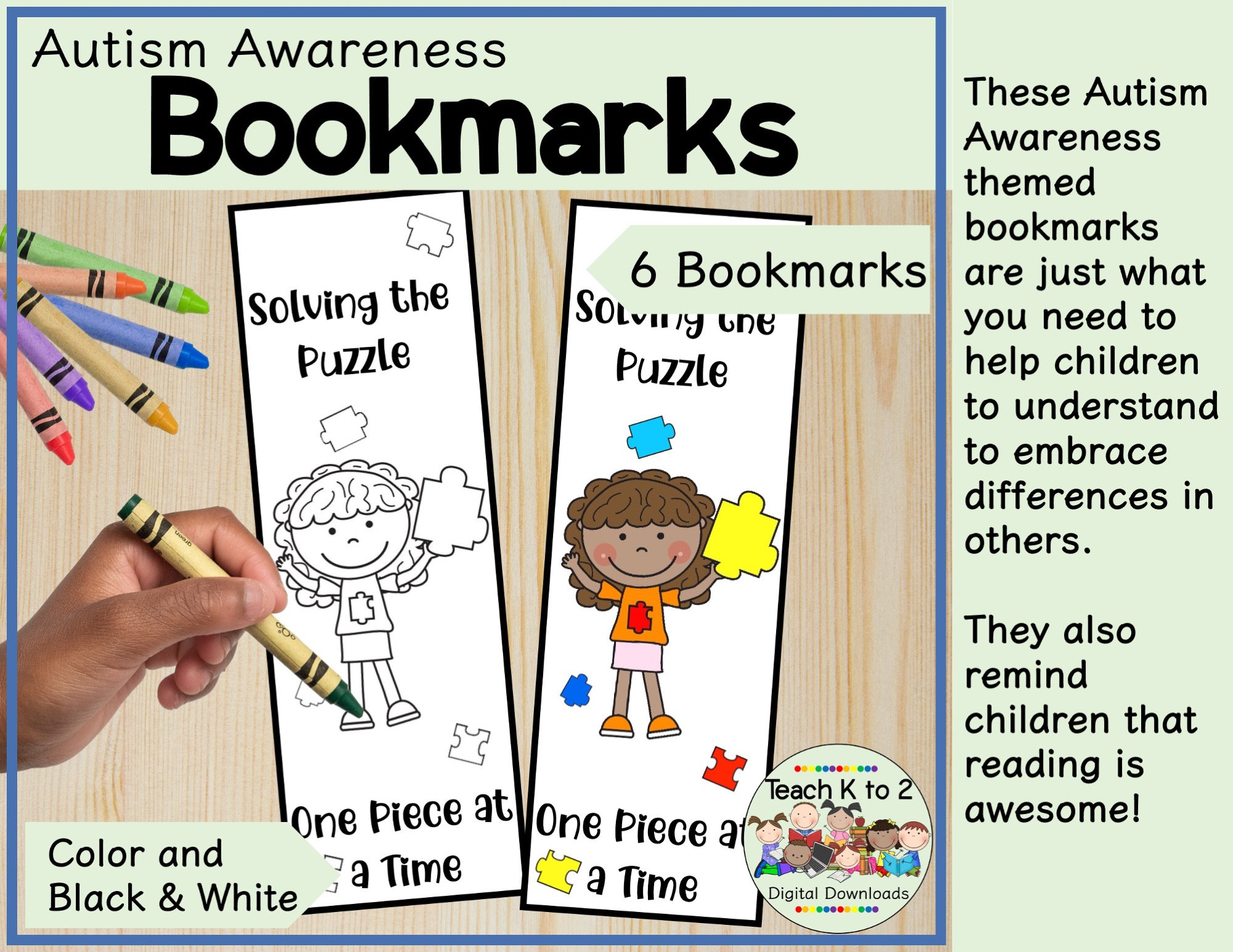 Printable Autism Awareness Bookmarks in Color and Black & White for ...