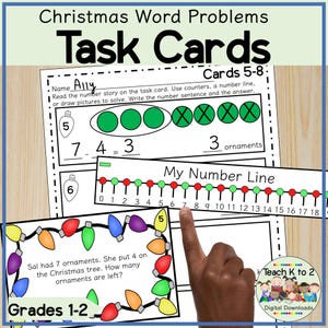 Puede incluir: Una hoja de trabajo imprimible para que los niños practiquen problemas de palabras de matemáticas con un tema navideño. La hoja de trabajo incluye una línea numérica, una imagen de adornos y un problema de palabras sobre adornos. La hoja de trabajo se titula "Problemas de palabras de Navidad Tarjetas de tareas".
