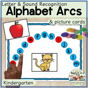 Arcos del alfabeto con tarjetas ilustradas para identificar letras y sonidos iniciales/Ciencia de la lectura para preescolar y jardín de infantes en grupos pequeños