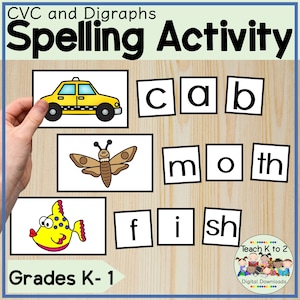 May include: A printable educational activity for kids in kindergarten and first grade. The activity features three pictures of a yellow cab, a brown moth, and a yellow fish.  The words "cab", "moth", and "fish" are spelled out in individual boxes below each picture.  The title of the activity is "CVC and Digraphs Spelling Activity".