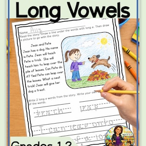 May include: A worksheet titled 15 Decodable Passages Long Vowels Grades 1-2 featuring a story about Jean and Pete. The page includes a hand-drawn illustration of a person and a dog jumping over leaves, with lines for writing words and sentences.
