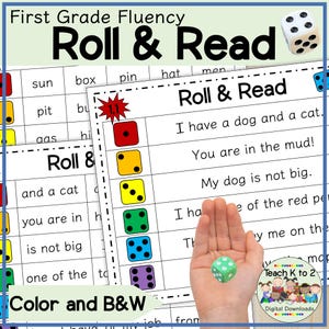 Può includere: Un gioco stampabile per gli studenti di prima elementare per esercitarsi nella fluidità di lettura. Il gioco include un set di dadi e carte con frasi semplici. Il gioco si chiama "Roll & Read".
