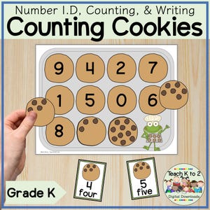 May include: A printable worksheet for kindergarten students to practice counting and identifying numbers. The worksheet features a baking sheet with chocolate chip cookies and numbers 0-9. The worksheet also includes two cards with the numbers 4 and 5 and the words "four" and "five".