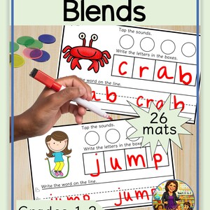May include: Educational mapping mats for grades 1-2, featuring the word "Blends" at the top. The mats include illustrations of a crab and a girl jumping rope, with fill-in-the-blank exercises for spelling practice. The set includes 26 mats.
