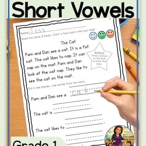 May include: A white educational worksheet titled 15 Decodable Passages Short Vowels featuring a story about a cat named The Cat, fill-in-the-blank exercises, three smiley face icons for tracking reading progress, and a star-shaped bonus prompt.
