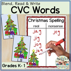 Puede incluir: Una actividad de palabras CVC con temática navideña para jardín de infantes y primer grado. La hoja de trabajo tiene un árbol de Navidad con regalos y adornos. Las palabras 'jag', 'jig', 'jog' y 'jug' están listadas en una columna bajo el encabezado 'real'. La palabra 'jeg' está listada en una columna bajo el encabezado 'sin sentido'.