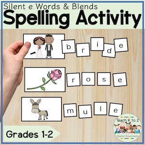 Op de afbeelding: Een printbare educatieve activiteit voor groep 3 en 4 met drie afbeeldingen met bijbehorende lettertegels om de woorden "bride", "rose" en "mule" te spellen. De afbeeldingen zijn een bruid en bruidegom, een roos en een muilezel. De titel van de activiteit is "Silent e Words & Blends Spelling Activity".