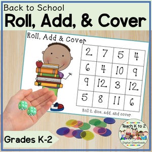 May include: A printable game for children in grades K-2. The game is called "Roll, Add, & Cover". It features a cartoon character holding a stack of books, a grid of numbers, two dice, and colourful counters. The game is designed to help children learn to add numbers.