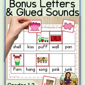 May include: Educational worksheet titled "Decode & Match Bonus Letters & Glued Sounds" with matching pictures and words. Includes images of a shell, train, wall, and more. Designed for Grades 1-2.