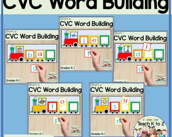 May include: A set of five colourful printable CVC word building activities for kindergarten and first grade. Each activity features a train with a different vowel sound: short a, short e, short i, short o, and short u. The activities are designed to help children learn to build words by combining consonant and vowel sounds.