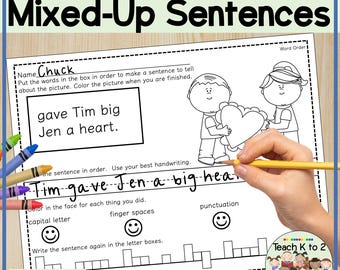 Valentine's Day Scrambled Sentences Worksheets | First Grade Word Order | Homeschool Writing Fluency | Instant Download | Literacy Centers