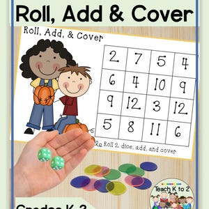Roll, Add, and Cover Fall Fun Math Dice Game for Kindergarten, First, or Second Grade Math Centers or Intervention Lessons/Addition to 12