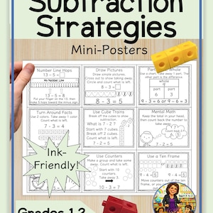 Pode incluir: Um cartaz educativo colorido intitulado "Estratégias de Subtração" para as séries 1-2. O cartaz apresenta vários métodos de subtração, incluindo retas numéricas e contadores. O cartaz inclui o texto "Ink-Friendly!" e tem cubos amarelos e vermelhos.